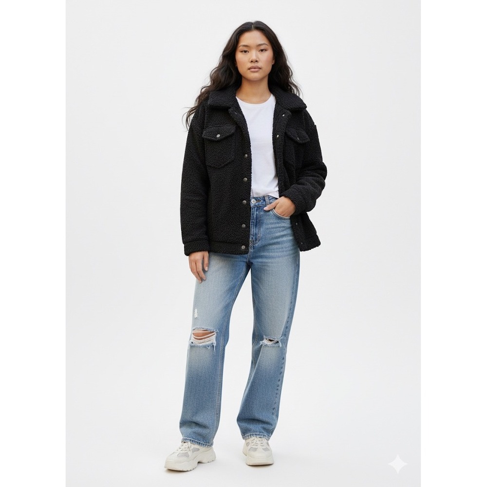 C'est Toi Black Faux Shearling Lined Teddy Bomber Jacket Women's Small